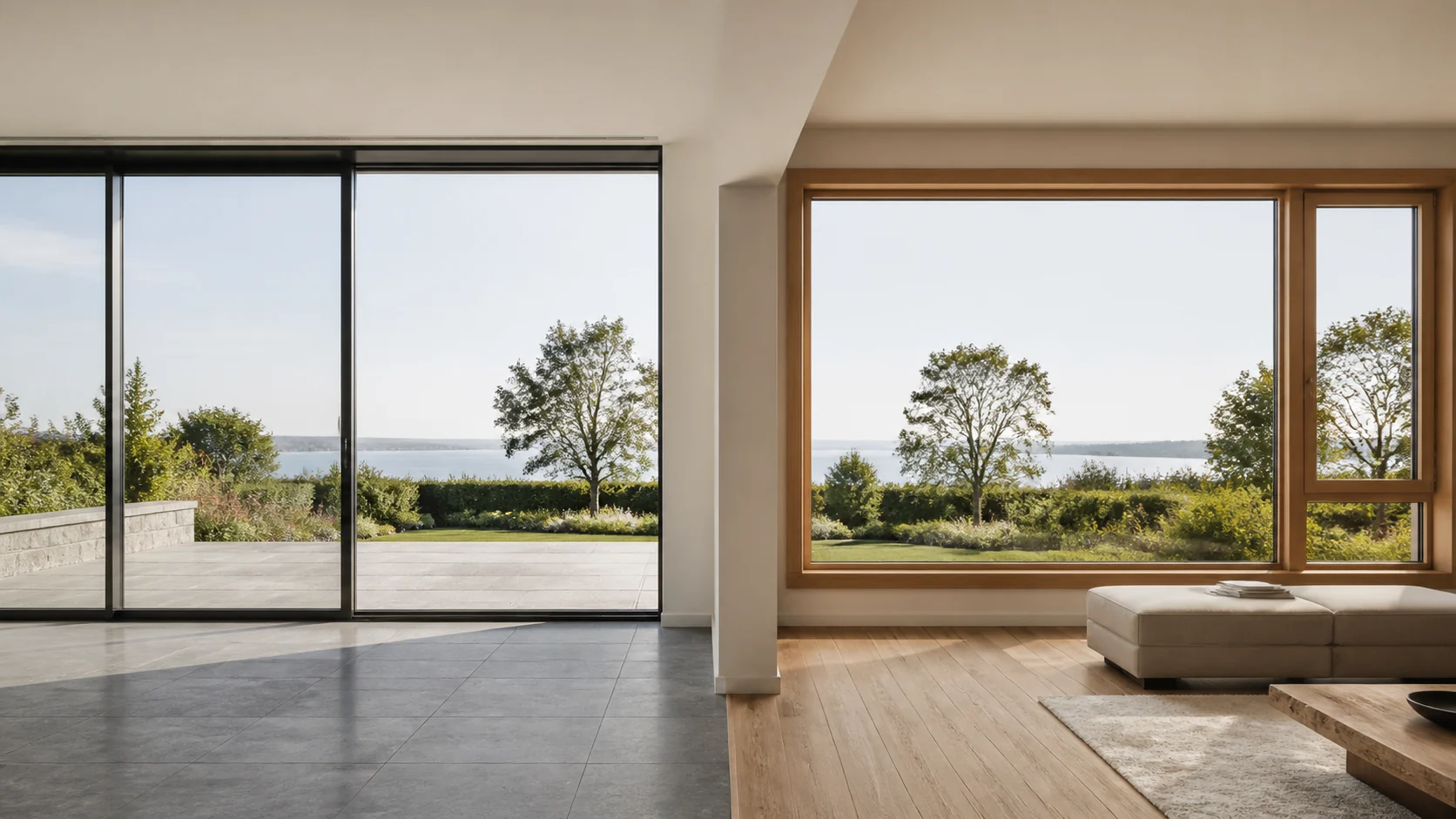 Slim aluminum panoramic window beside a warm wood window – made-to-measure aluminum systems featured on Custom Aluminum Windows & Doors USA