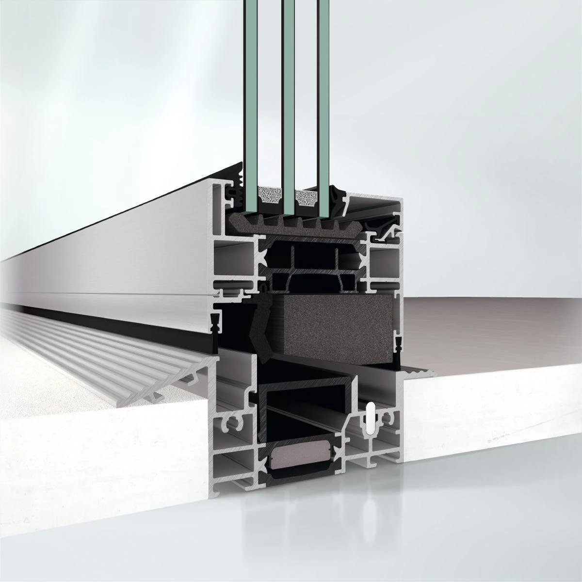 Cross-section of a Schüco bifold door flush threshold – aluminum bifold doors featured on Schüco Aluminum Bifold Doors USA | AS FD 75 & 90.HI