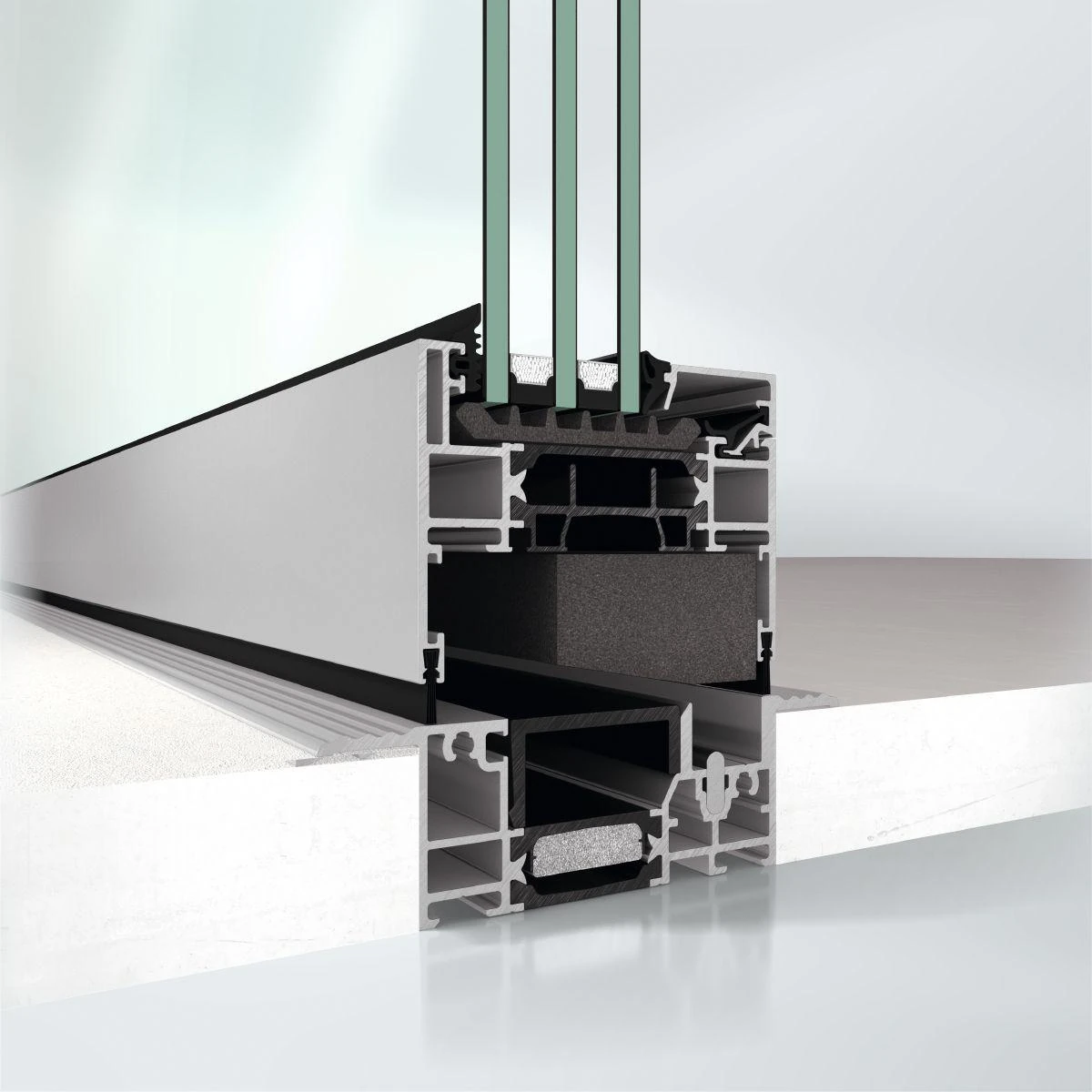 Cross-section of a Schüco low-threshold bifold door detail – aluminum bifold doors featured on Schüco Aluminum Bifold Doors USA | AS FD 75 & 90.HI
