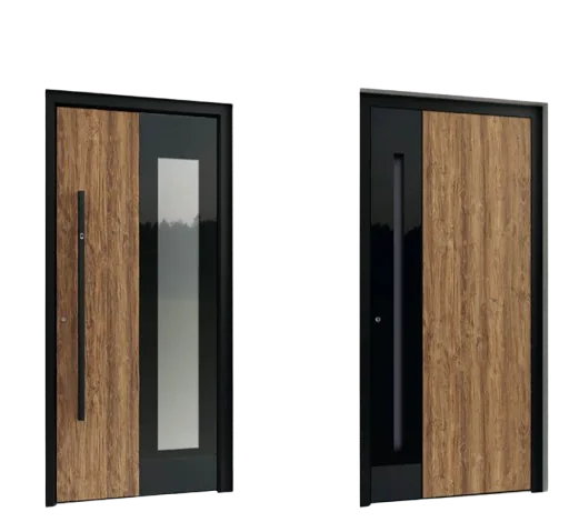 Aluminum front door with wood-look finish and glass insert – custom aluminum doors featured on Custom Aluminum Front Doors & Entry Doors