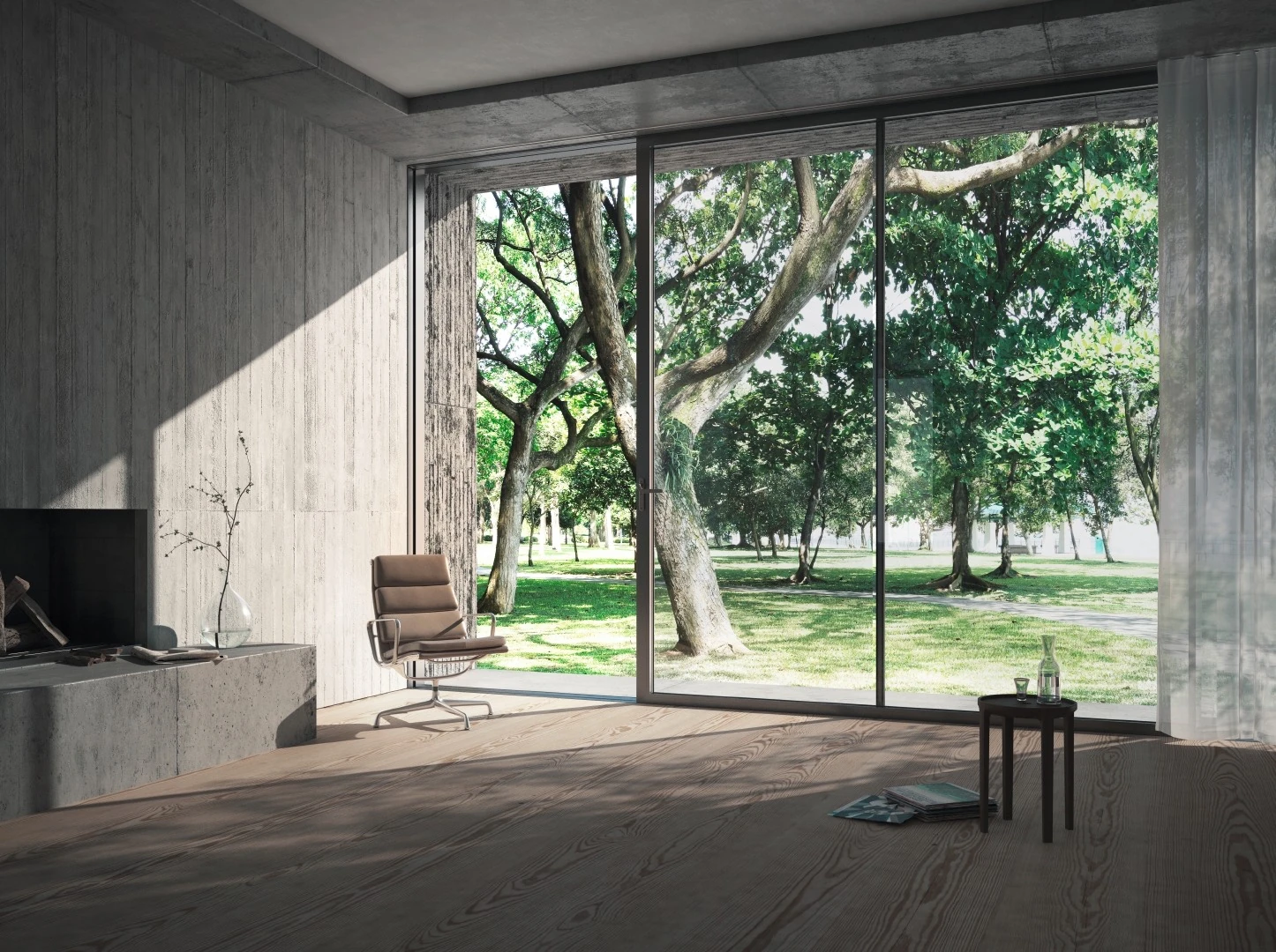 Panoramic sliding system made of aluminum with a view into the green