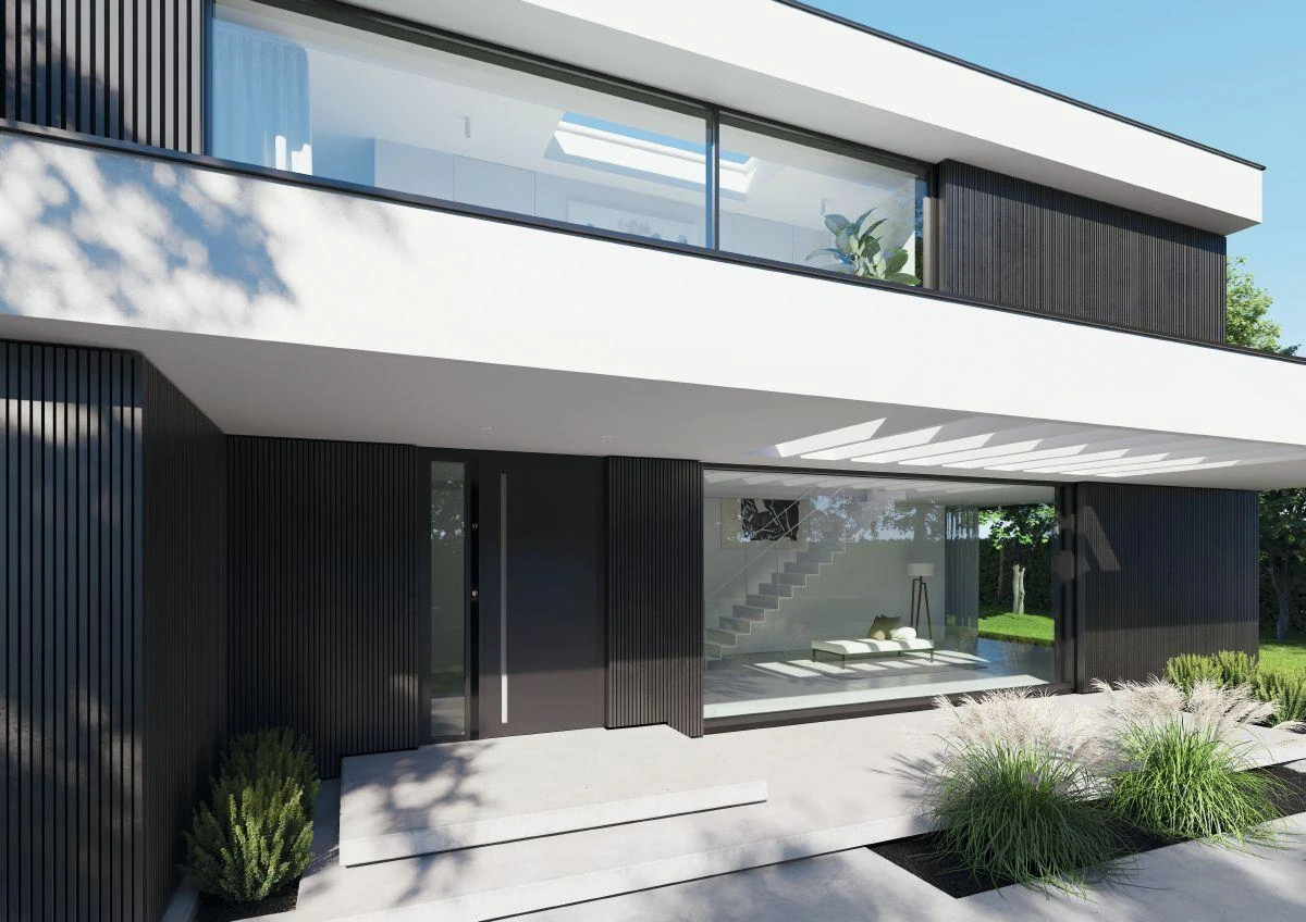 Modern black aluminum front door with sidelight – custom aluminum doors featured on Schüco Aluminum Doors USA | AD UP, Pivot &