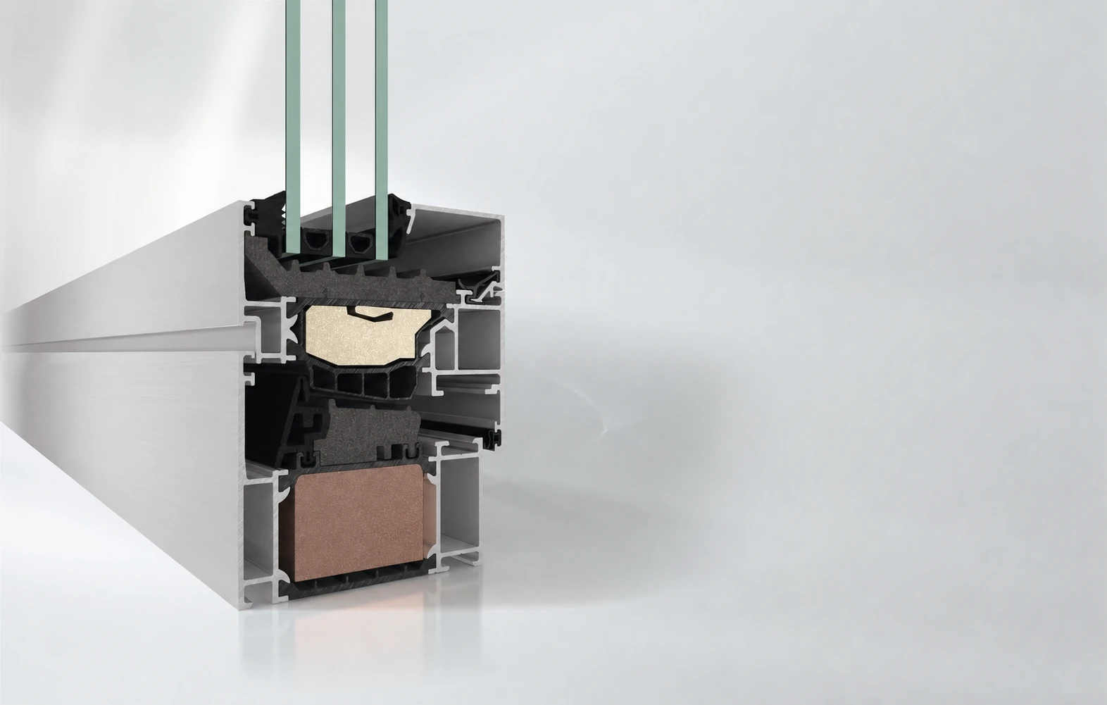Profile section with glass, seals and insulating zones – made-to-measure aluminum systems featured on Aluminum Window Anatomy & Thermal Breaks